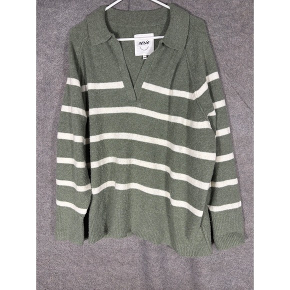 aerie Sweaters - Aerie Olive Green & Cream Striped Knit Sweater